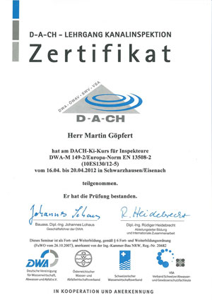Zertifikat D-A-CH Lehrgang Kanalinspektion (M. Göpfert)