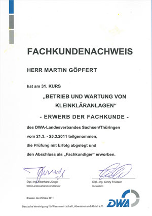 Fachkundenachweis Kleinkläranlagen (M. Göpfert)